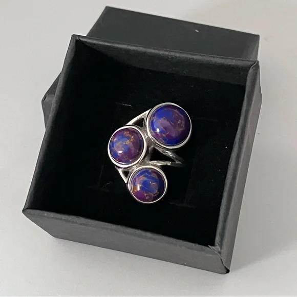 Mojave purple turquoise, multi-stone Cabochon ring in stainless steel - Picture 8 of 9